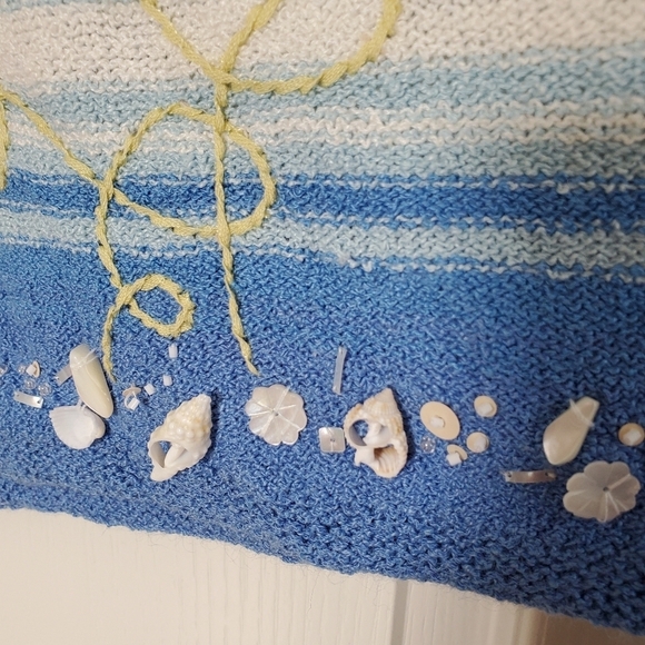 Susan Bristol Fish Beaded Hand Embroidered Shells Colorful V-NeckSweater, Large - Picture 7 of 11